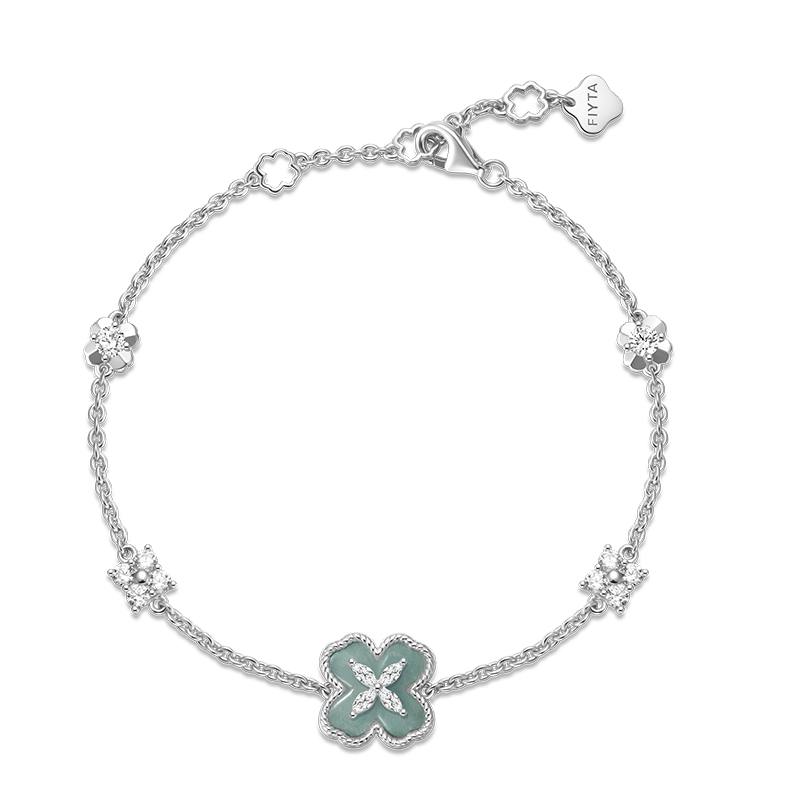 FIYTA Little Luck Four-Leaf Clover Bracelet AB0015.WSDG front view (Aqua Blue)