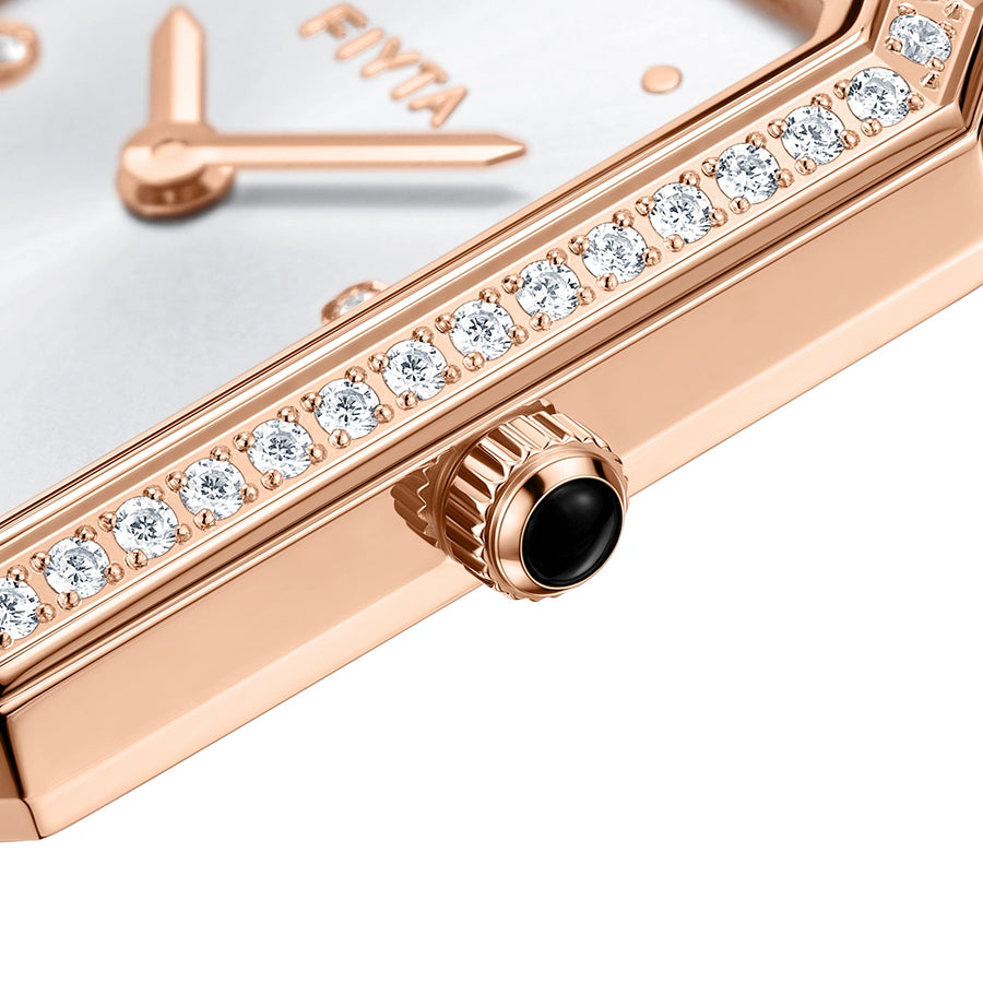 FIYTA Enchanting Square Women's Quartz Watch DL21006.PWBD detail image (White Dial / Black Strap)