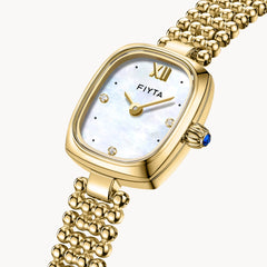 FIYTA Mini Cushion Women's Quartz Watch DL21011.GWG detail image (White Dial / Gold Strap)