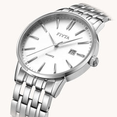 FIYTA Timeless Pair Men's Quartz Watch (No Returns Or Exchanges) DG802002.WWW detail image (White Dial / Silver Strap — Final Sale) (DG802002.WWW)