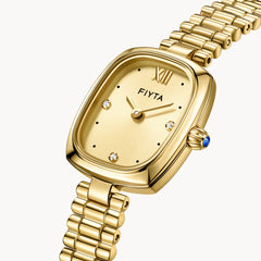 FIYTA Cushion Plus Women's Quartz Watch DL865031.GGG detail image (Gold Dial / Gold Strap)