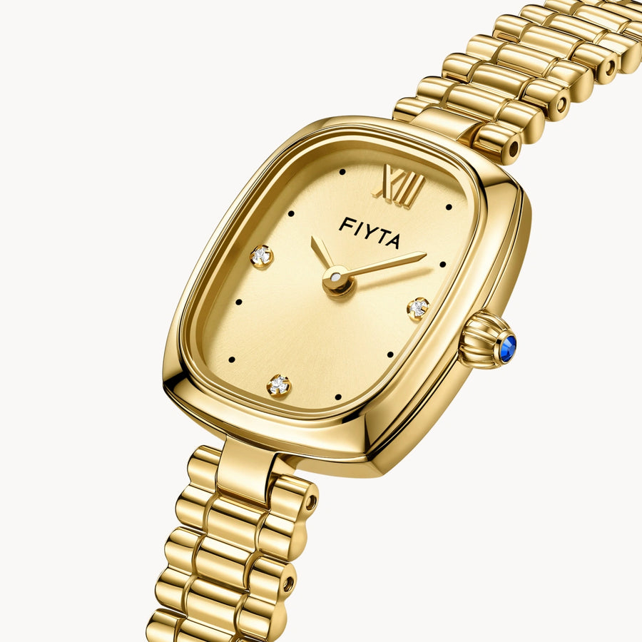 FIYTA Cushion Plus Women's Quartz Watch DL865031.GGG detail image (Gold Dial / Gold Strap)