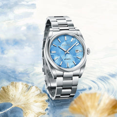 FIYTA Ginkgo Relief Men's Automatic Watch GA520013.WLW detail image (Aqua Blue Dial / Silver Strap)