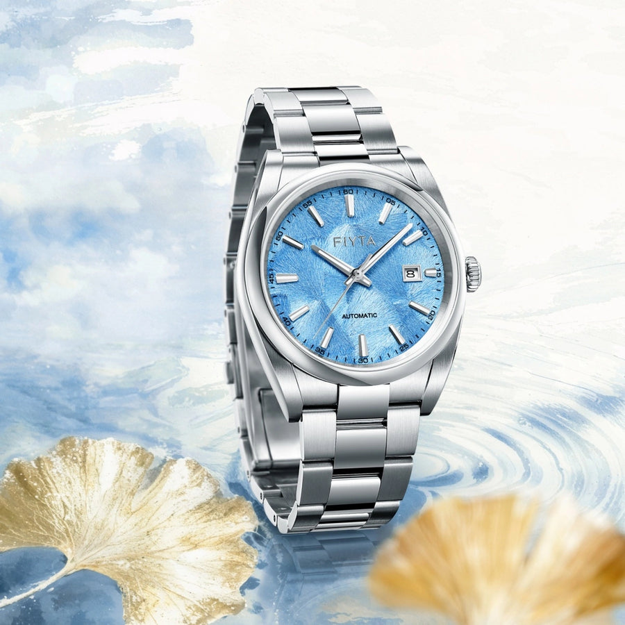 FIYTA Ginkgo Relief Men's Automatic Watch GA520013.WLW detail image (Aqua Blue Dial / Silver Strap)