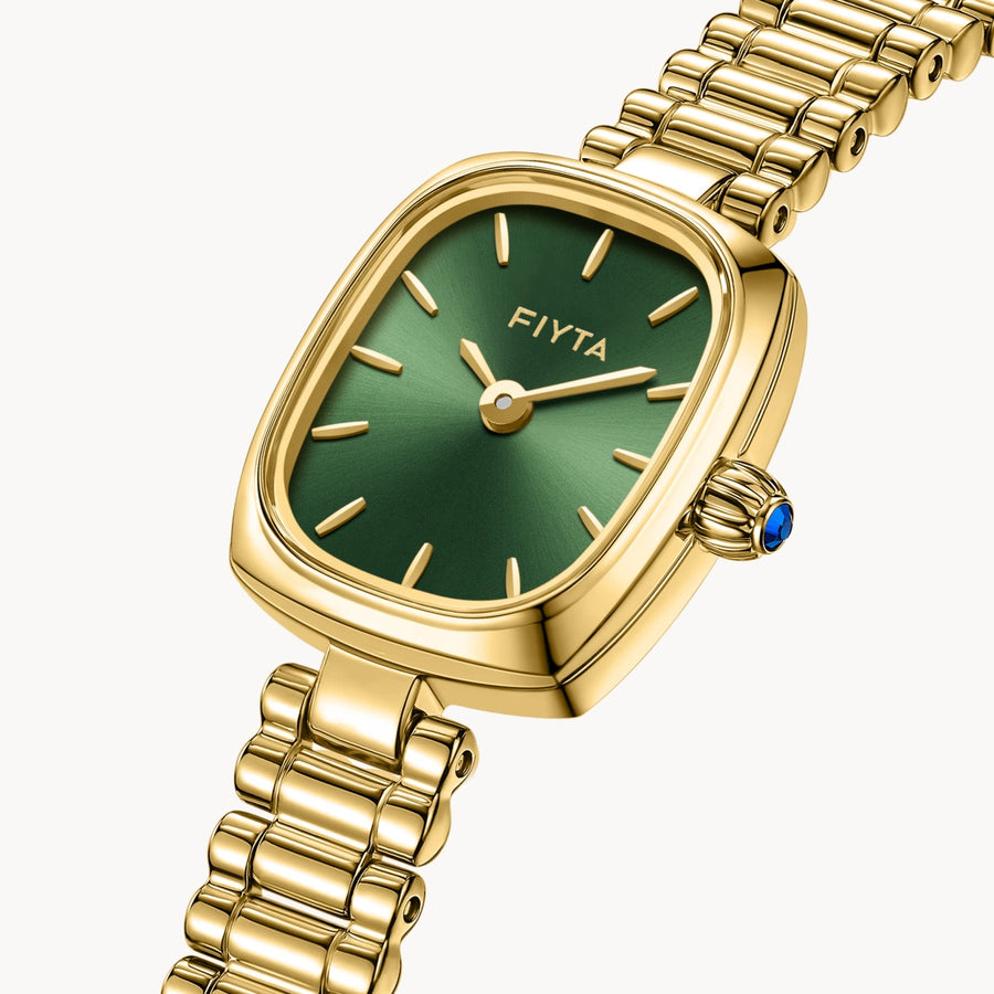 FIYTA Mini Cushion Women's Quartz Watch DL21012.GNG detail image (Mint Green Dial / Gold Strap)