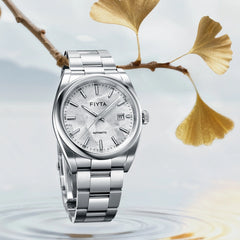 FIYTA Ginkgo Relief Men's Automatic Watch GA520013.WWW detail image (Silver Dial / Silver Strap)