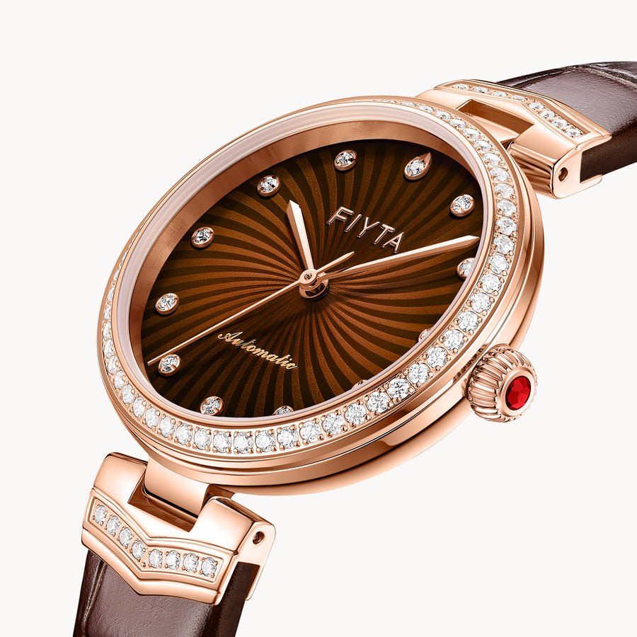 FIYTA V-Neck Women's Automatic Watch LA869015.PKKH detail image (Brown Dial / Brown Strap)