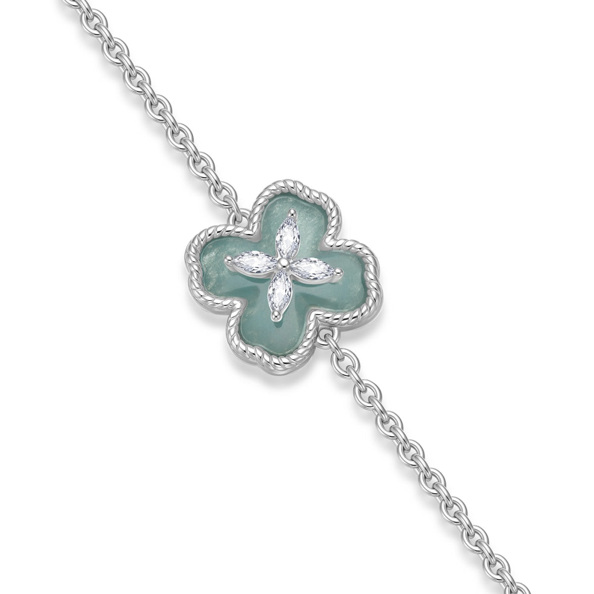 FIYTA Little Luck Four-Leaf Clover Bracelet AB0015.WSDG worn on the wrist (Aqua Blue)