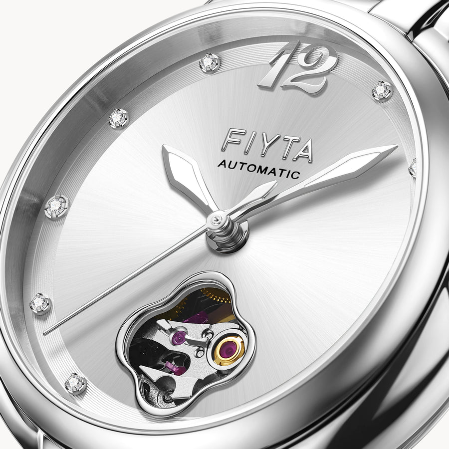 FIYTA Good Fortune Persimmon Women's Automatic Watch LA865022.WWW detail photo (Silver Dial / Silver Strap)