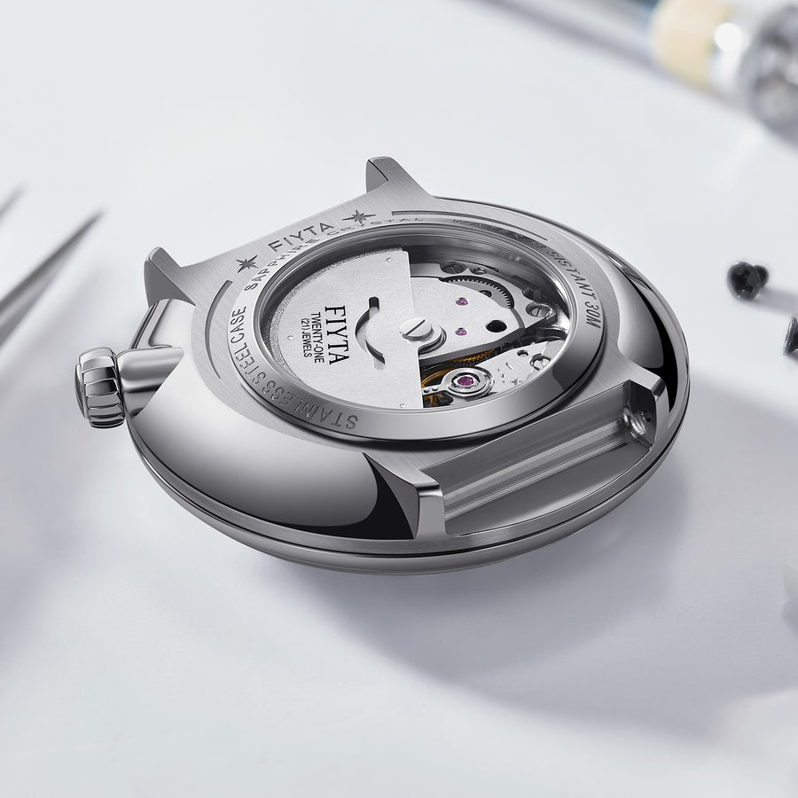 Interstellar Collection "Space Shuttle" Men's Mechanical Watch - FIYTA (Navy Blue Dial / White Strap)