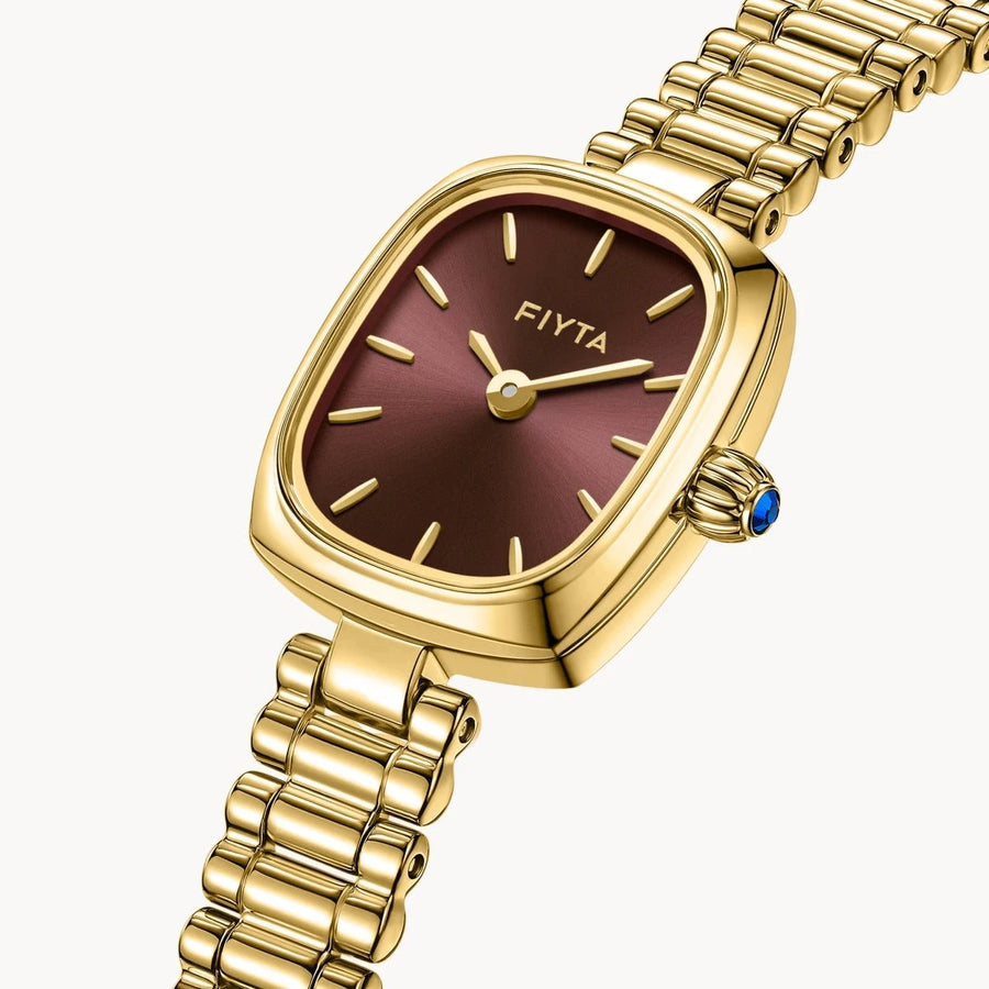 FIYTA Mini Cushion Women's Quartz Watch DL21012.GKG detail image (Brown Dial / Gold Strap)