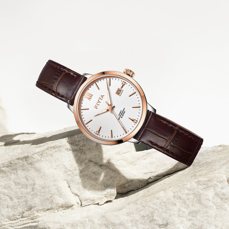 FIYTA Joyart Classic Pair Women's Quartz Watch 28 mm L800023.MWK detail image (White Dial / Brown Strap)