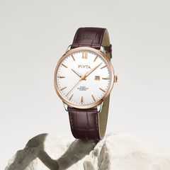 FIYTA Joyart Classic Pair Men's Quartz Watch 41 mm – 50 m G800023.MWK detail image (White Dial / Brown Strap)