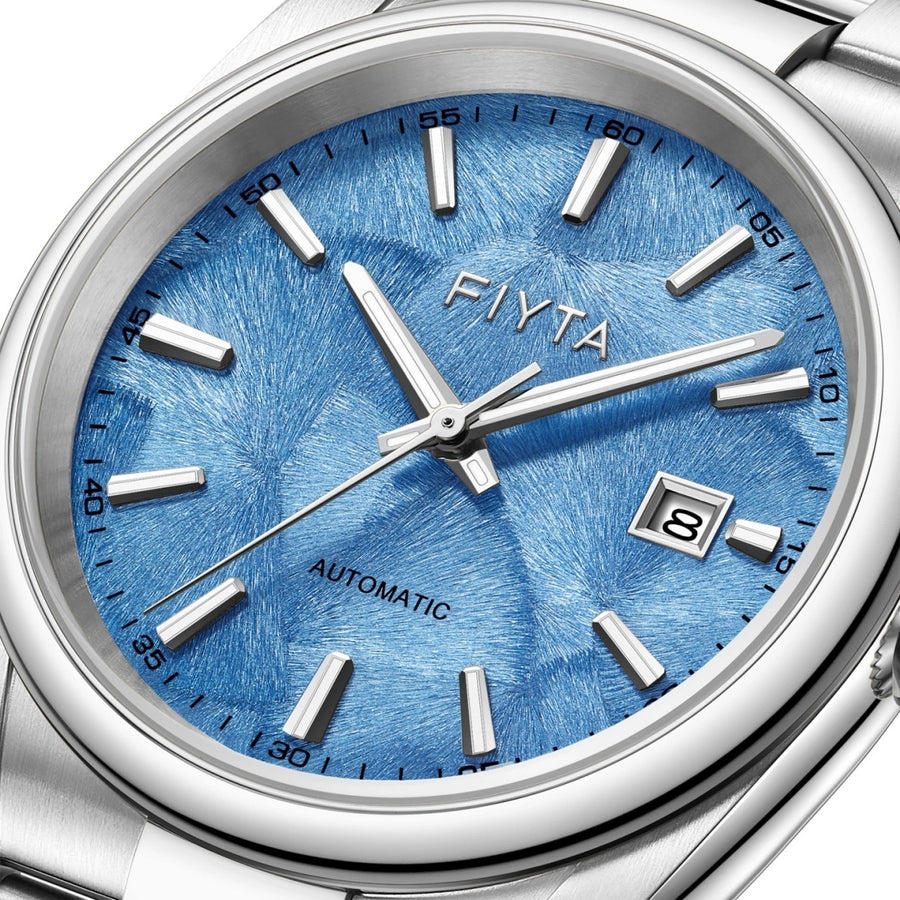 FIYTA Ginkgo Relief Men's Automatic Watch GA520013.WLW detail image (Aqua Blue Dial / Silver Strap)