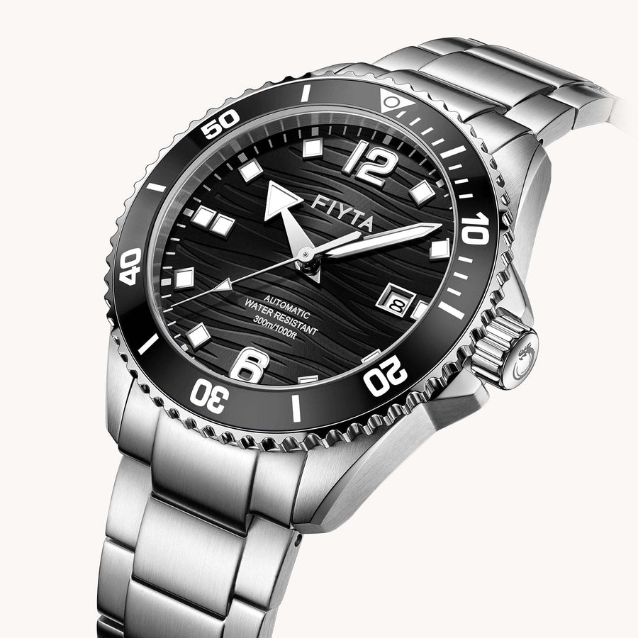 FIYTA Diver Gen 3 Men's Automatic Watch DGA33002.WBW detail image (Black Dial / Silver Strap)