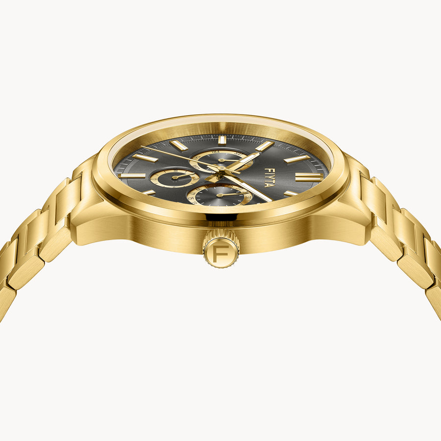 FIYTA Urban Modern Men's Quartz Watch DG800030.GBG detail image (Black Dial / Gold Strap)