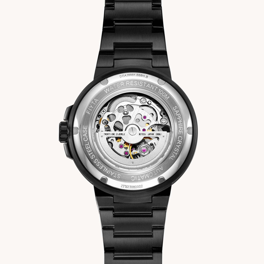 FIYTA Space Capsule Men's Automatic Watch 42 mm DGA35001.BBBS.B detail image (Black Dial / Black Strap / Stainless steel) (DGA35001.BBBS.B)