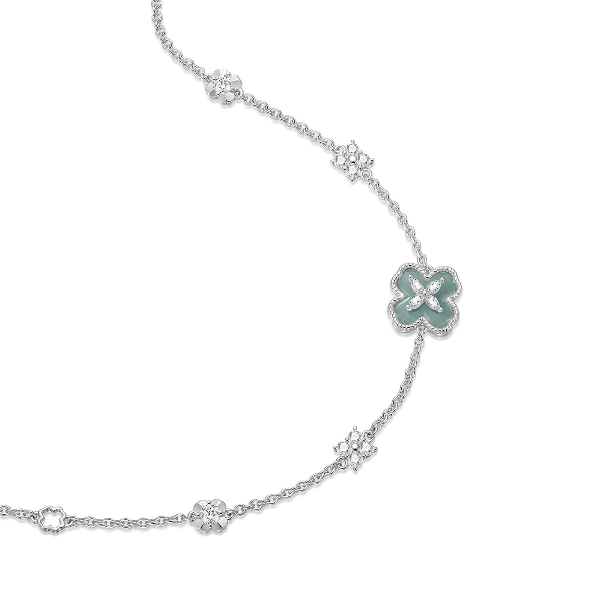 FIYTA Little Luck Four-Leaf Clover Bracelet AB0015.WSDG worn on the wrist (Aqua Blue)