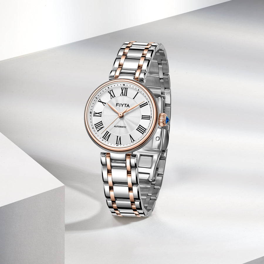 FIYTA Little Bliss Women's Automatic Watch LA803003.MWM detail photo (Silver Dial / Rose Gold & Silver Strap)