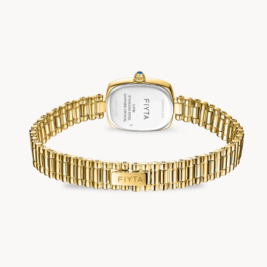FIYTA Cushion Plus Women's Quartz Watch DL865031.GGG detail image (Gold Dial / Gold Strap)