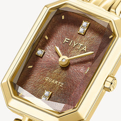 Eastern Grace Collection Women's Watch & Tiger’s Eye Clover Bracelet Gift Set - FIYTA (Brown Dial / Gold Strap)