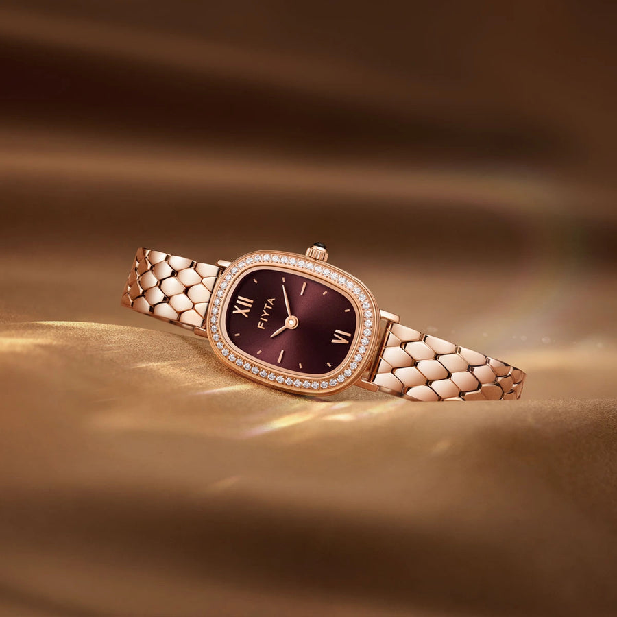 FIYTA Cocoa Zircon-Set Women's Quartz Watch L865018.PKPD detail photo (Brown Dial / Rose Gold Strap)