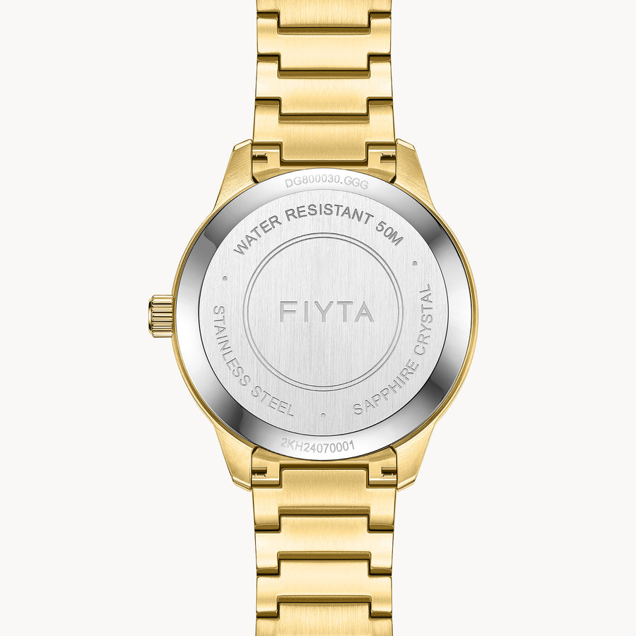 FIYTA Urban Modern Men's Quartz Watch DG800030.GGG detail image (Gold Dial / Gold Strap)