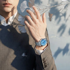 FIYTA Ginkgo Relief Men's Automatic Watch GA520013.WLW detail image (Aqua Blue Dial / Silver Strap)