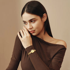FIYTA Cushion Plus Women's Quartz Watch DL865031.GGG detail image (Gold Dial / Gold Strap)