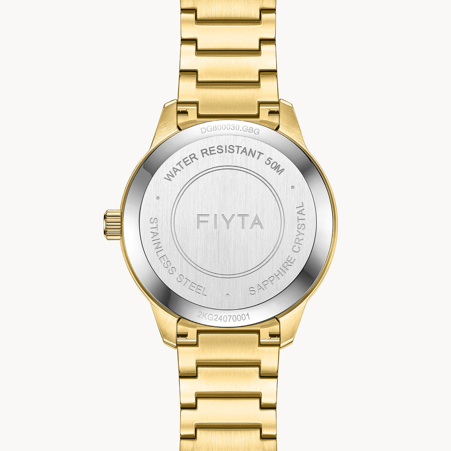 FIYTA Urban Modern Men's Quartz Watch DG800030.GBG detail image (Black Dial / Gold Strap)