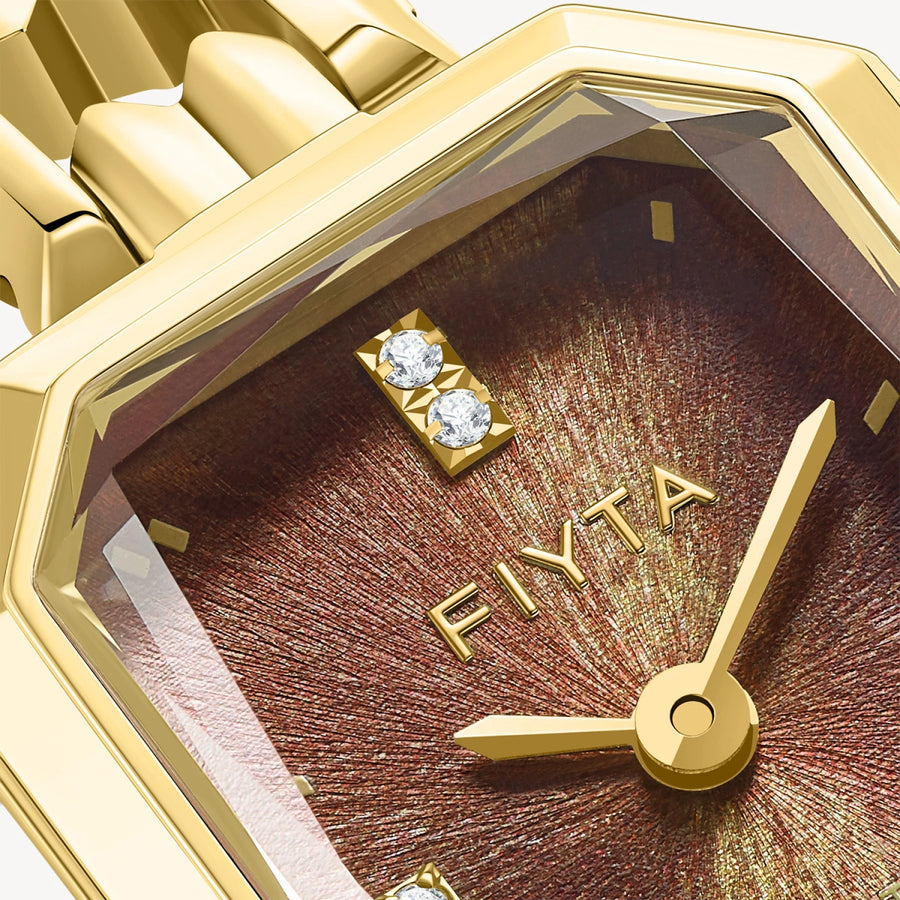 Eastern Grace Collection Women's Watch & Tiger’s Eye Clover Bracelet Gift Set - FIYTA (Brown Dial / Gold Strap)