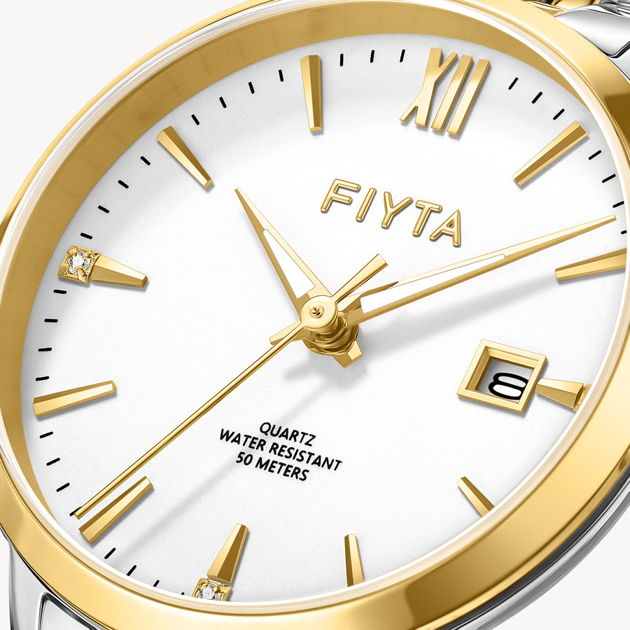 FIYTA Joyart Classic Pair Women's Quartz Watch 28 mm L800023.TWT detail image (White Dial / Gold & Silver Strap)
