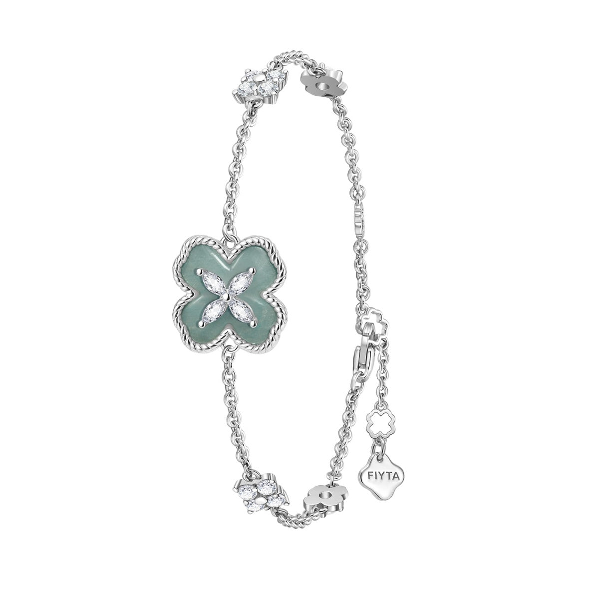 FIYTA Little Luck Four-Leaf Clover Bracelet AB0015.WSDG worn on the wrist (Aqua Blue)
