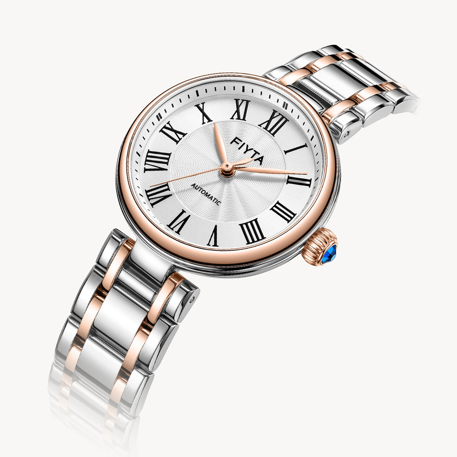 FIYTA Little Bliss Women's Automatic Watch LA803003.MWM detail photo (Silver Dial / Rose Gold & Silver Strap)