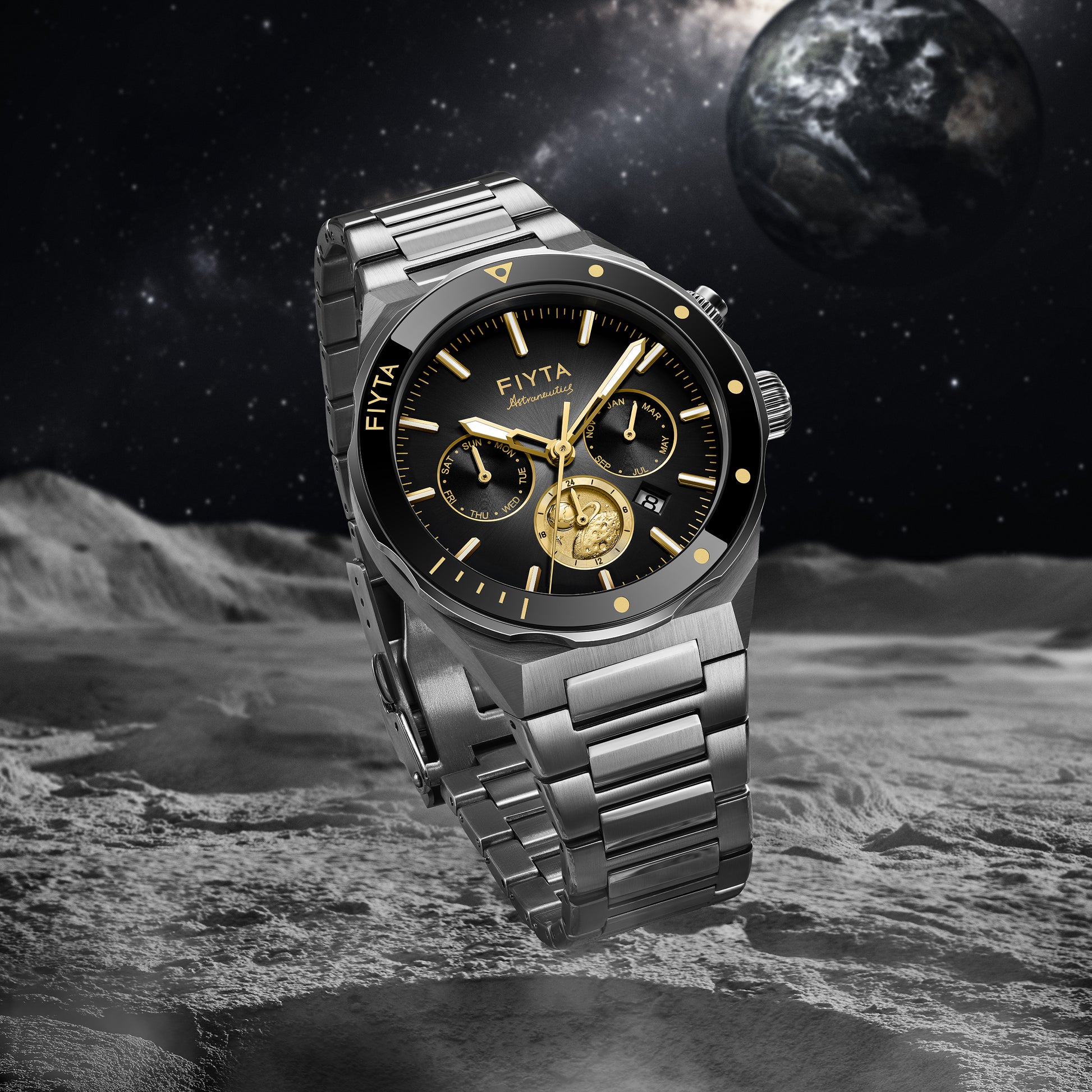 Aeronuatics Collection "Moon" 18K Gold Men's Mechanical Automatic Watch - FIYTA