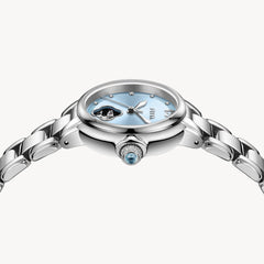 FIYTA Good Fortune Persimmon Women's Automatic Watch LA865022.WLW detail photo (Aqua Blue Dial / Silver Strap)