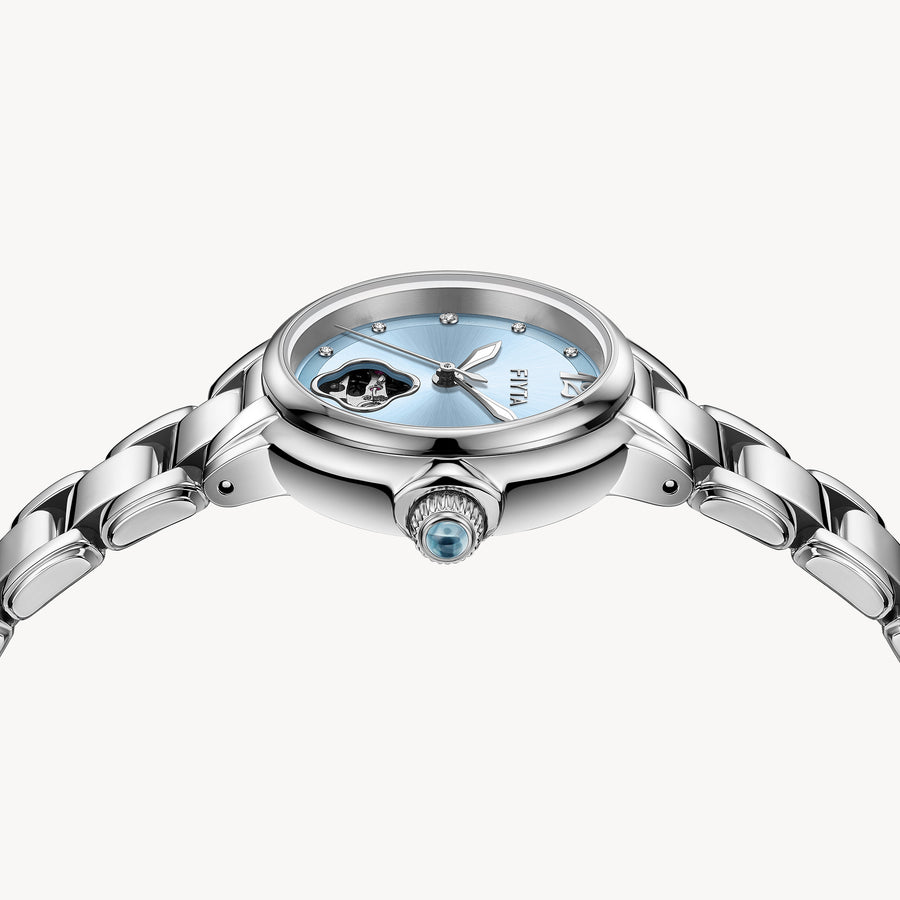 FIYTA Good Fortune Persimmon Women's Automatic Watch LA865022.WLW detail photo (Aqua Blue Dial / Silver Strap)