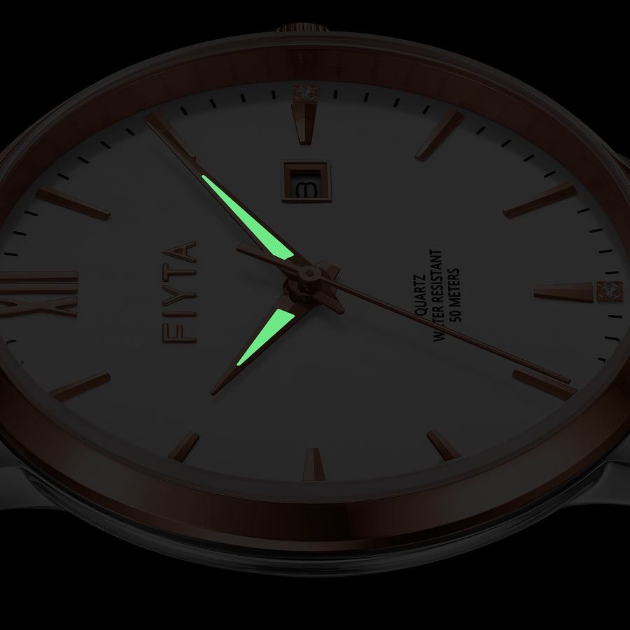 FIYTA Joyart Classic Pair Men's Quartz Watch 41 mm – 50 m G800023.MWK detail image (White Dial / Brown Strap)