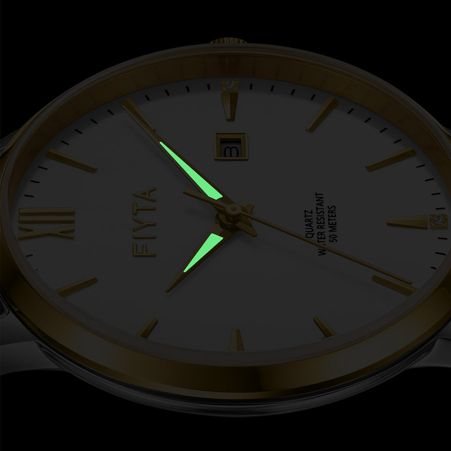 FIYTA Joyart Classic Pair Men's Quartz Watch 41 mm – 50 m G800023.TWT detail image (White Dial / Gold & Silver Strap)