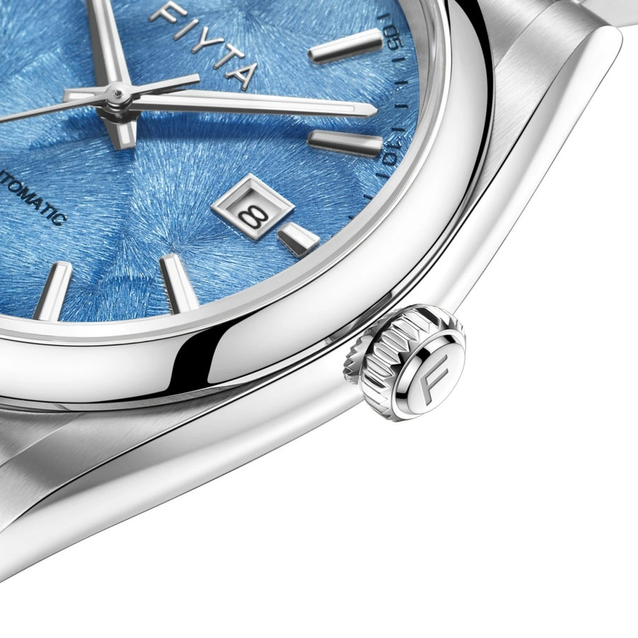 FIYTA Ginkgo Relief Men's Automatic Watch GA520013.WLW detail image (Aqua Blue Dial / Silver Strap)