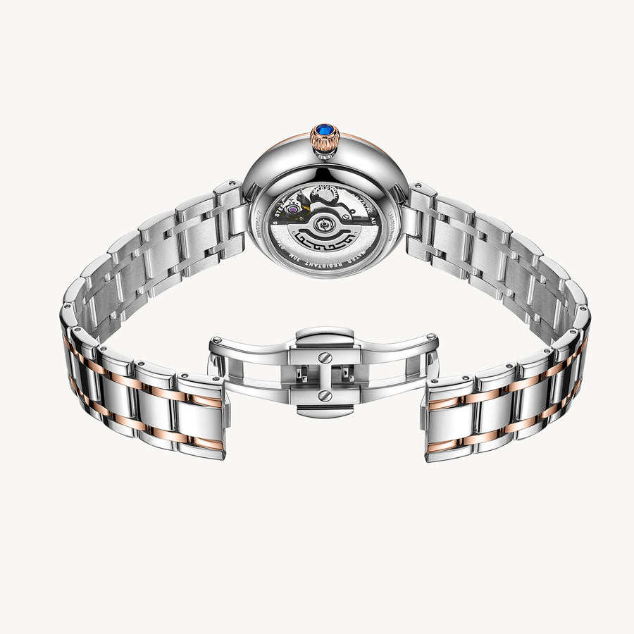 FIYTA Little Bliss Women's Automatic Watch LA803003.MWM detail photo (Silver Dial / Rose Gold & Silver Strap)