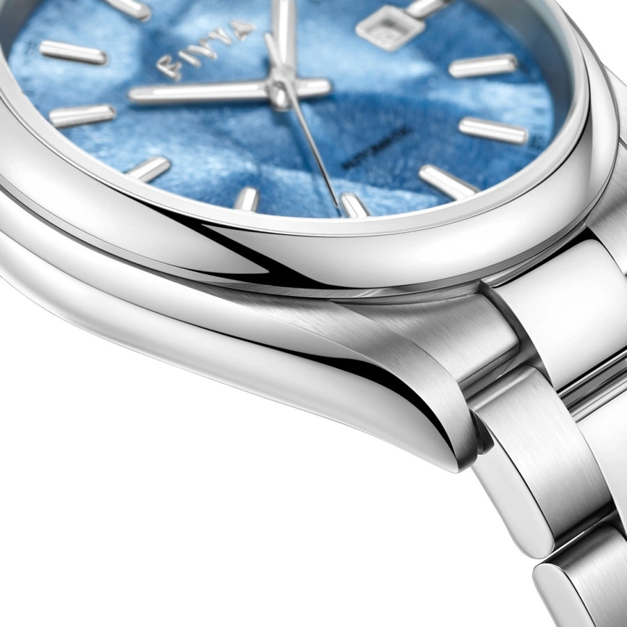 FIYTA Ginkgo Relief Men's Automatic Watch GA520013.WLW detail image (Aqua Blue Dial / Silver Strap)