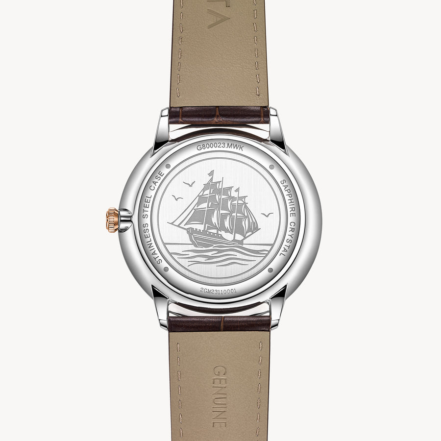 FIYTA Joyart Classic Pair Men's Quartz Watch 41 mm – 50 m G800023.MWK detail image (White Dial / Brown Strap)