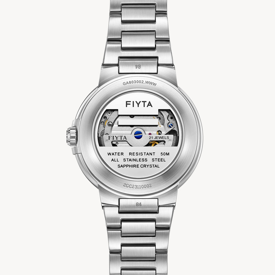 FIYTA Heart Lock Men's Automatic Watch GA803002.WWW detail image (Silver Dial / Silver Strap / Stainless steel (GA803002.WWW))