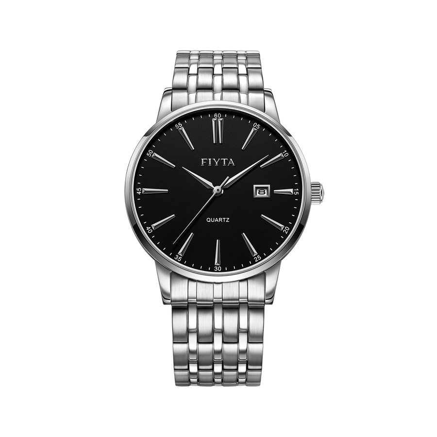FIYTA Timeless Pair Men's Quartz Watch (No Returns Or Exchanges) DG802002.WBW product view (Black Dial / Silver Strap — Final Sale) (DG802002.WBW)