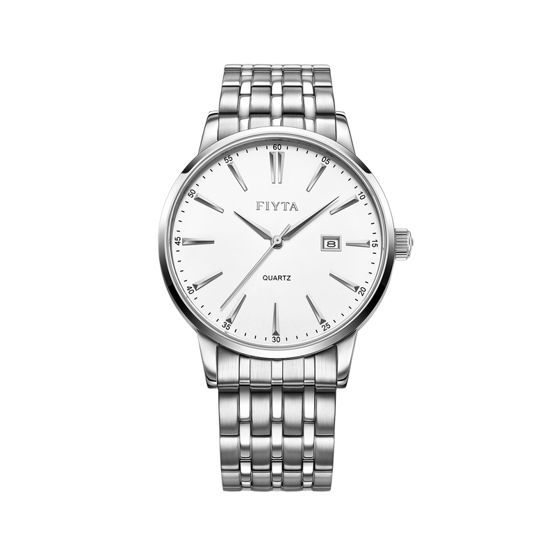 FIYTA Timeless Pair Men's Quartz Watch (No Returns Or Exchanges) DG802002.WWW product view (White Dial / Silver Strap — Final Sale) (DG802002.WWW)