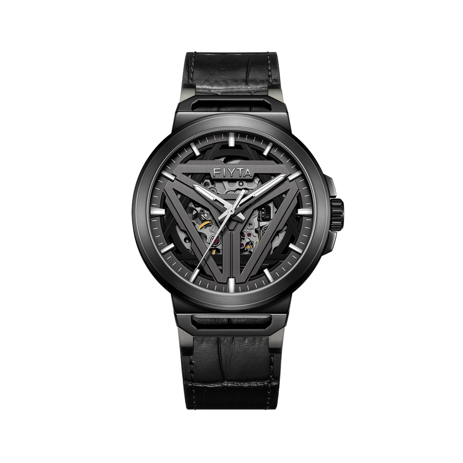 FIYTA Space Capsule Men's Automatic Watch 42 mm DGA35001.BBB.A product view (Black Dial / Black Strap / Leather (DGA35001.BBB.A)) (DGA35001.BBB.A)