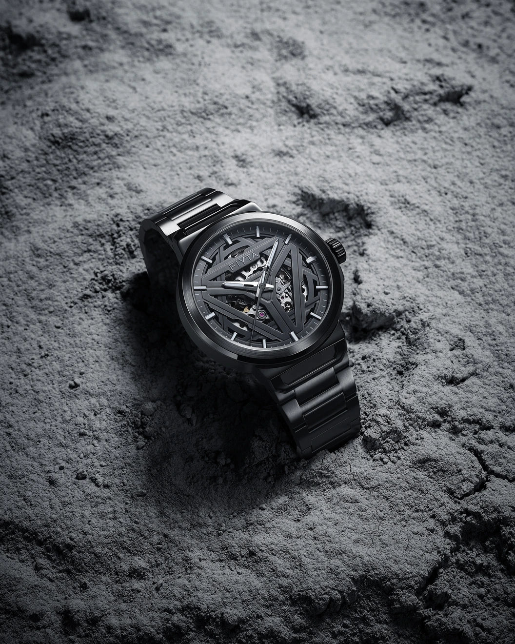 FIYTA Space Rocket DGA35011.HHH gunmetal watch in a lunar-inspired creative scene