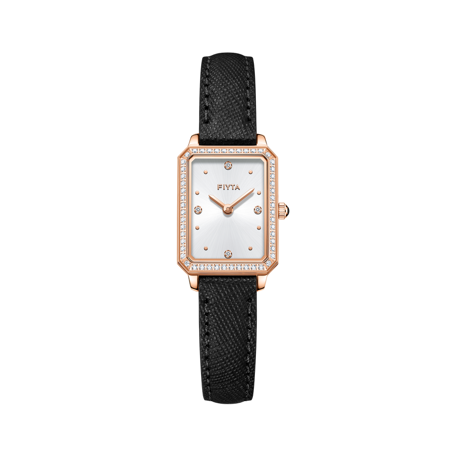 FIYTA Enchanting Square Women's Quartz Watch DL21006.PWBD product view (White Dial / Black Strap)