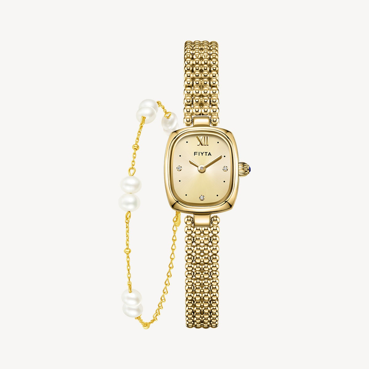 Gold Watches with Zircon Dial & Pearl Bracelet Gift Set - FIYTA